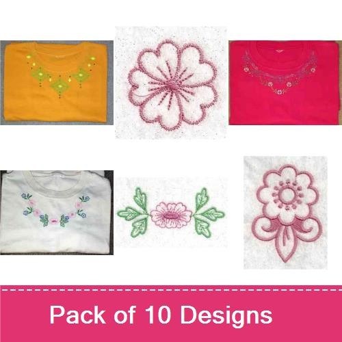Floral Embroidery Designs Bundle – Pink Floral, Green Vine with Flowers, Floral Necklace & More (10 Designs)