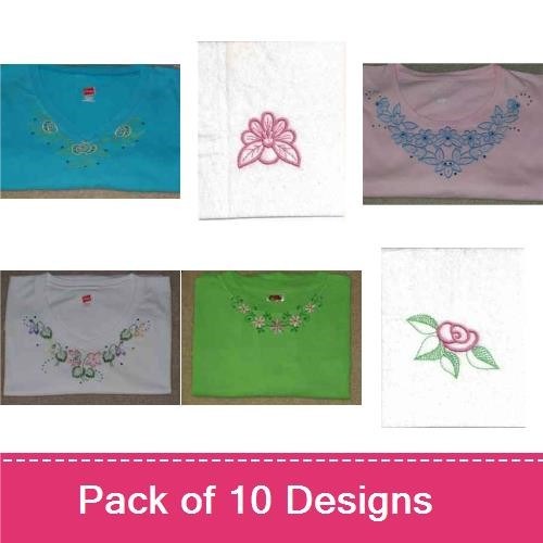 Floral Embroidery Designs Bundle – Floral Neckline, Rose Design, Flower Bouquet & More (10 Designs)