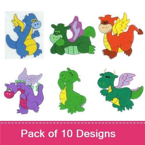 Cartoon Dragons Embroidery Designs Bundle – Blue, Green, Red, & More (10 Designs)