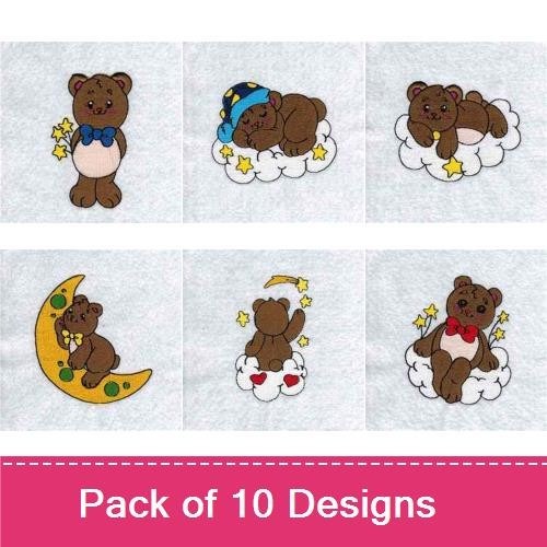 Cute Sleepy Bears Embroidery Bundle – Sleeping Bear on Cloud, Bear with Stars, Bear in Pajamas & More (10 Designs)
