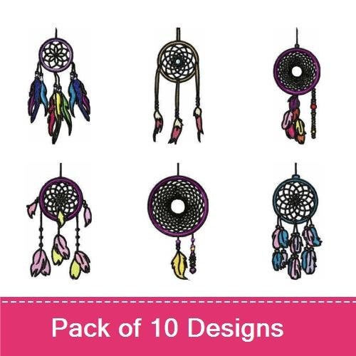 Colorful Dreamcatchers Embroidery Designs Bundle – Pink & Yellow Feathers, Vertical Designs, & More (10 Designs)