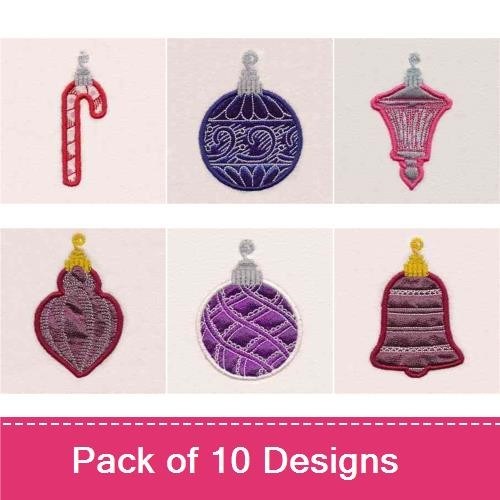 Applique Vintage Christmas Ornaments Embroidery Designs Bundle – Ornament with Yellow Top, Candy Cane, Purple Ornament & More (10 Designs)