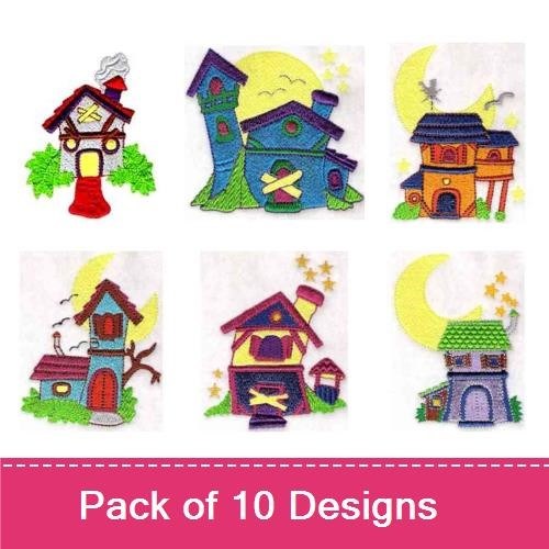 Haunted Houses Embroidery Designs Bundle – Haunted House with Moon, Whimsical House 1, Spooky House & More (10 Designs)