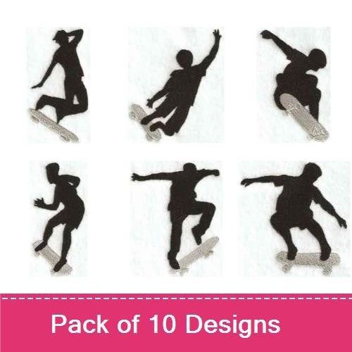 Skateboarder Silhouettes Embroidery Designs Bundle – Jumping, Mid-Air, Action Pose & More (10 Designs)