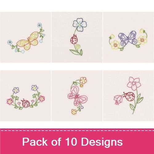 Redwork Butterflies & Ladybugs Embroidery Designs Bundle – Butterfly with Lotus, Ladybug on Stem, & More (10 Designs)