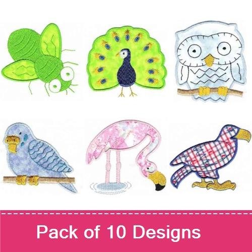 Applique Cute Birds and Bugs Embroidery Bundle – Puffin, Peacock, Owl & More (10 Designs)