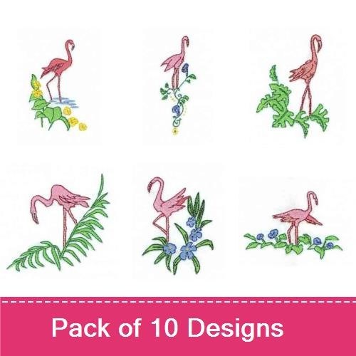 Flamingo & Floral Elements Embroidery Designs Bundle – Flamingo by Water, Tall Flamingo with Leaves & More (10 Designs)