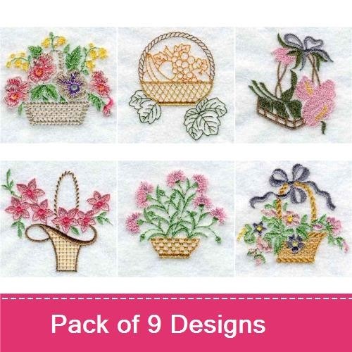 Floral and Fruit Basket Embroidery Designs Bundle – Floral Arrangement, Colorful Floral Basket, Decorative Fruit Basket & More (9 Designs)