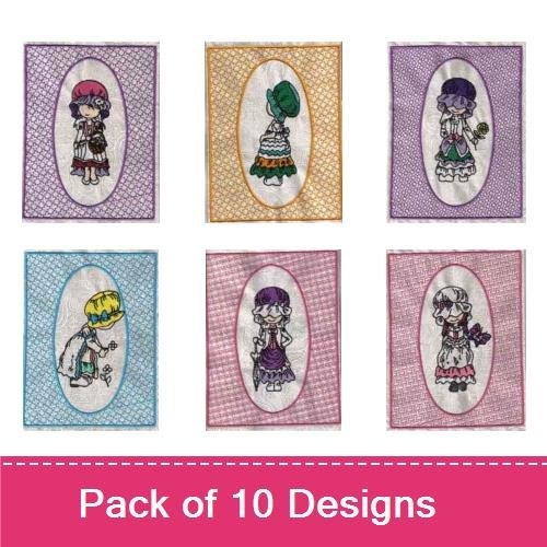 Redwork Vintage Girl Embroidery Designs Bundle – Pink Hair, Green Hat, Blue Dress & More (10 Designs)
