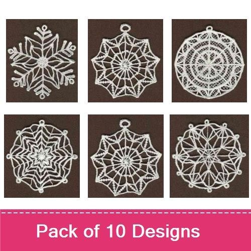 FSL Delicate Lace Snowflakes Embroidery Designs Bundle – Snowflake Ornament 1, Snowflake Ornament 2 & More (10 Designs)