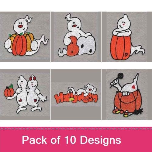 Halloween Ghosts Embroidery Designs Bundle – Ghost with Pumpkin, Ghost Holding Pumpkin, & More (10 Designs)