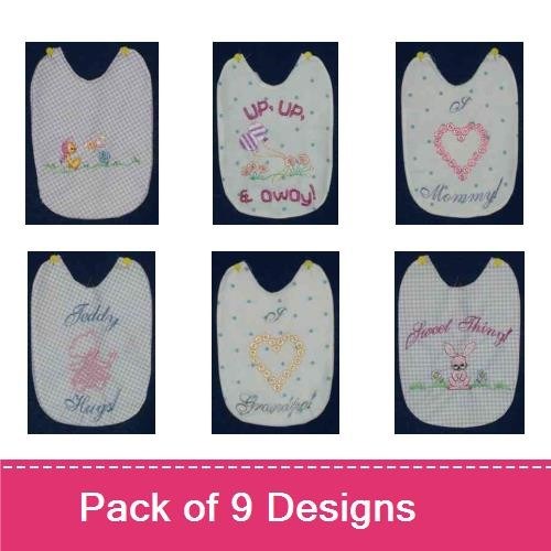 Baby-Themed Bib Embroidery Designs Bundle – Bunny Love, Heart with Love, Baby Love & More (9 Designs)