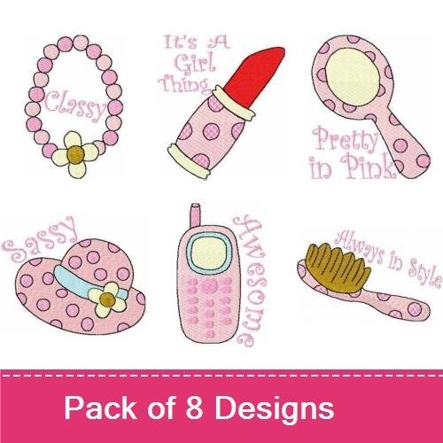 Girl-Themed Accessories Embroidery Bundle – Lipstick, Handbag, Cell Phone & More (8 Designs)