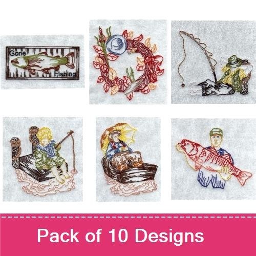Fishing Themed Embroidery Designs Bundle – Child Fishing, Fishing Rod, Fishing Boat & More (10 Designs)