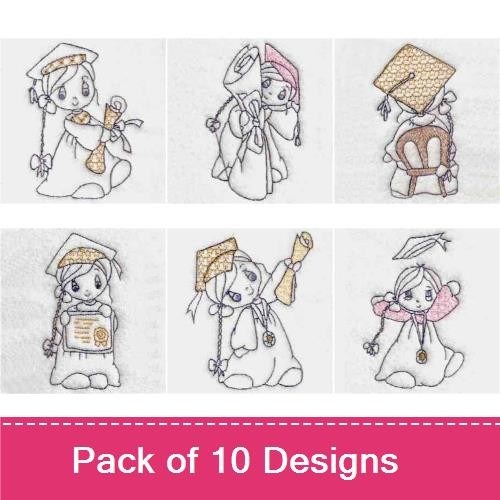 Redwork Graduation Celebration Embroidery Designs Bundle – Graduation Girl with Diploma, Graduation Boy with Cap & More (10 Designs)
