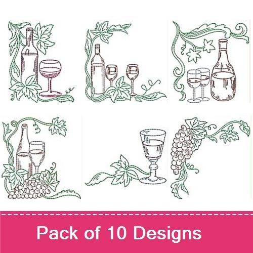 Redwork Wine and Grapes Embroidery Designs Bundle – Wine Bottle, Glass with Grapes, Cluster of Grapes & More (10 Designs)