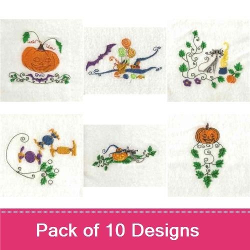 Halloween Embroidery Designs Bundle – Pumpkin, Cauldron, Ghost, Witch Hat & More (10 Designs)