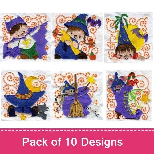 Cute Halloween Witches Embroidery Designs Bundle – Witch with Pumpkin, Cat Witch, Ghost with Witch Hat & More (10 Designs)