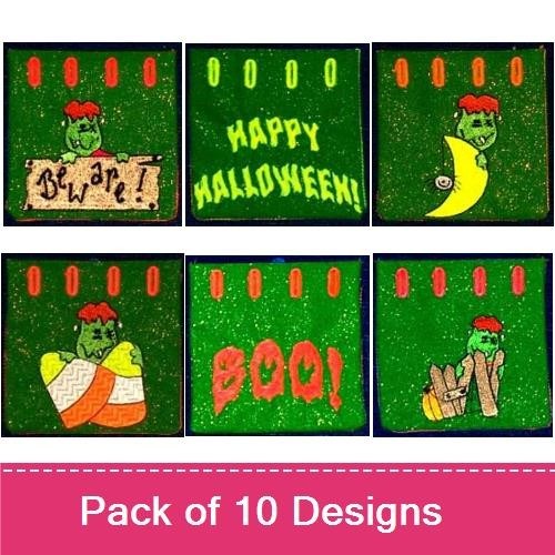 Cute Frankenstein Halloween Embroidery Designs Bundle – Frankenstein Face, Jack-o'-Lantern, Boo Sign & More (10 Designs)