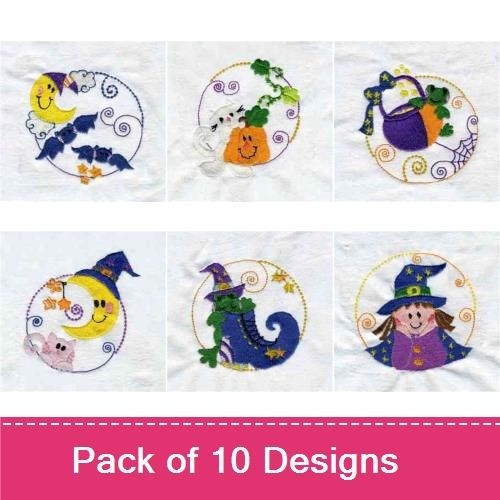 Halloween Characters Embroidery Designs Bundle – Witch with Moon, Ghost with Pumpkin, Bat with Moon & More (10 Designs)
