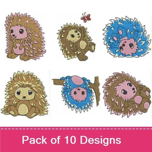 Cute Hedgehog Characters Embroidery Bundle – Hedgehog in Basket, Hedgehog with Flowers, Sleepy Hedgehog & More (10 Designs)