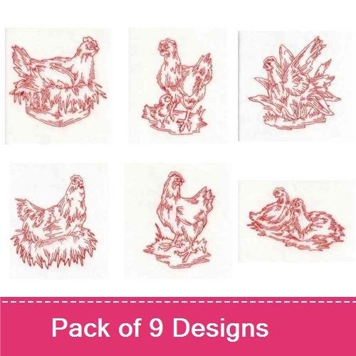 Redwork Chicken Embroidery Bundle – Chicken Nesting, Rooster on Nest, Hen and Chicks & More (9 Designs)