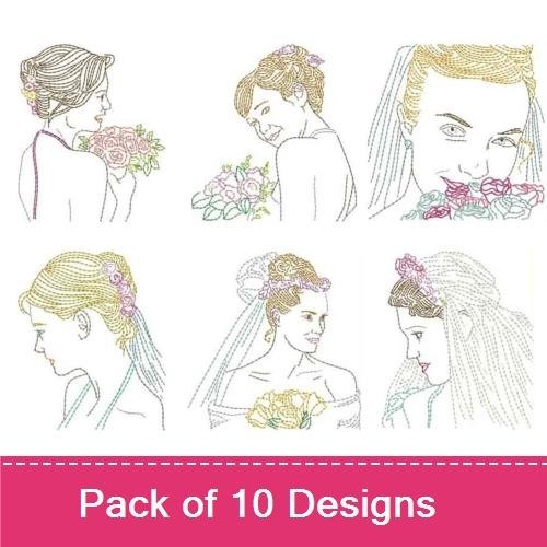 Redwork Bridal Portrait Embroidery Bundle – Bride with Bouquet, Bride in Veil, Bride with Updo & More (10 Designs)