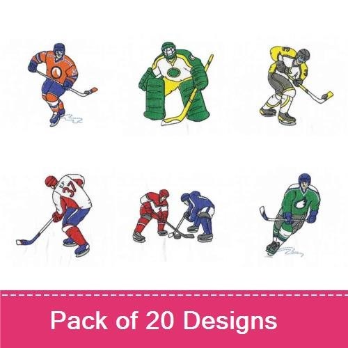 Ice Hockey Player Embroidery Bundle – Ice Hockey Player in Red, Orange, with Hockey Stick & More (20 Designs)