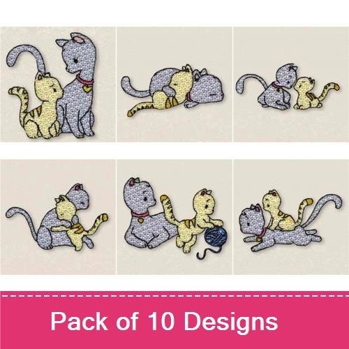 Cats Embroidery Bundle – Gray Cat with Collar, Yellow Cat Playing, Two Cats Together & More (10 Designs)