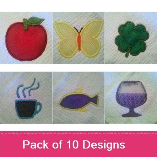 Applique Nature & Food Embroidery Designs Bundle – Apple, Butterfly, Clover, & More (10 Designs)
