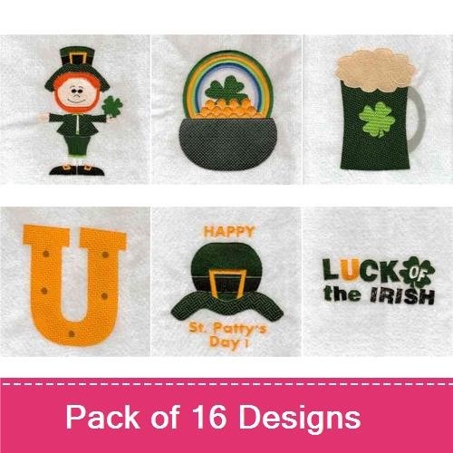 Leprechaun & Shamrock Embroidery Designs Bundle – Leprechaun with Shamrock, Pot of Gold, Beer Mug & More (10 Designs)