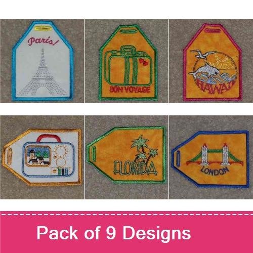 ITH Travel Destination Tags Embroidery Designs Bundle – Bon Voyage Luggage Tag, Eiffel Tower Tag, Panda Tag & More (9 Designs)
