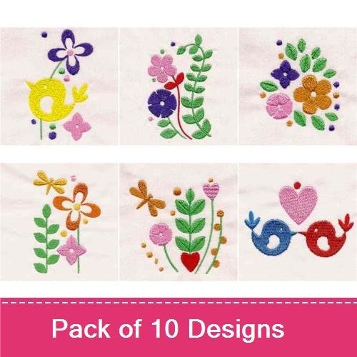 Floral & Animal Embroidery Designs Bundle – Cat with Flowers, Colorful Bird, Vibrant Floral Arrangement & More (10 Designs)
