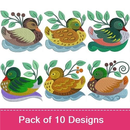 Colorful Ducks Embroidery Designs Bundle – Duck with Leaves, Yellow Duck, Green Duck & More (10 Designs)
