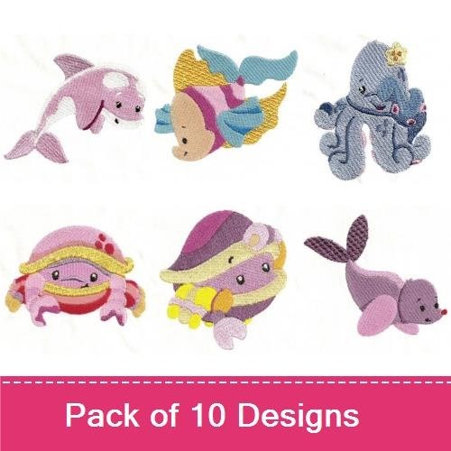 ITH Cute Sea Creatures Embroidery Bundle – Whale with Umbrella, Pink Dolphin, Blue Octopus & More (10 Designs)
