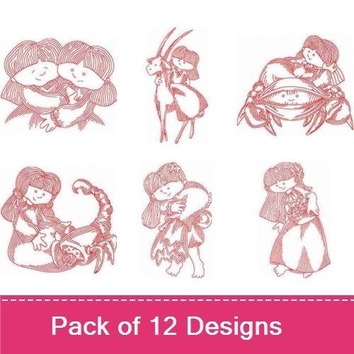 Redwork Zodiac Girls Embroidery Designs Bundle – Aries, Taurus, Gemini & More (12 Designs)