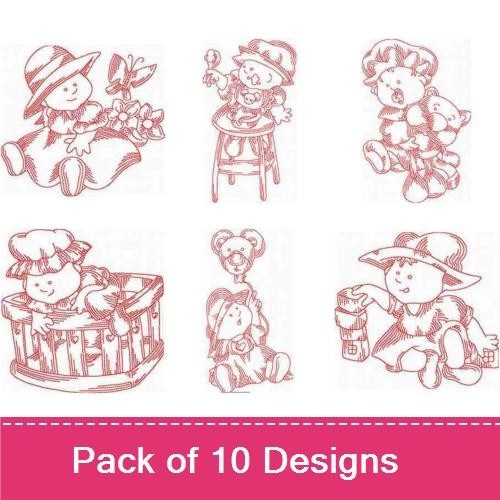 Redwork Vintage Baby Embroidery Designs Bundle – Girl with Hat, Boy on a Chair, Baby in a Basket & More (10 Designs)