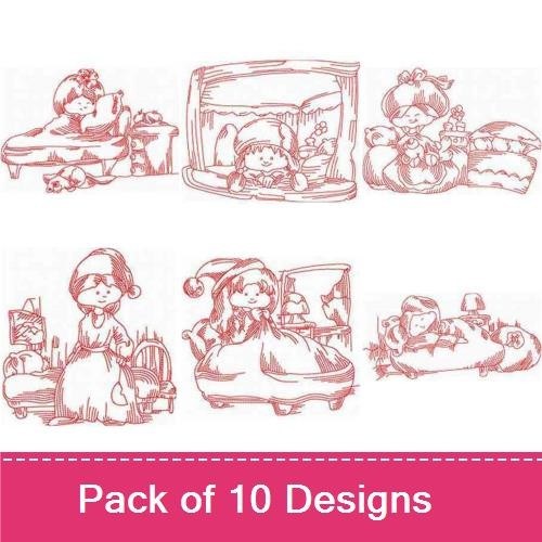 Redwork Cozy Bedtime Girls Embroidery Designs Bundle – Girl with Teddy Bear, Child in Pajamas with Cup, & More (10 Designs)