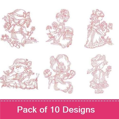 Redwork Vintage Girls Embroidery Designs Bundle – Girl with Flower, Girl Holding Roses, & More (10 Designs)