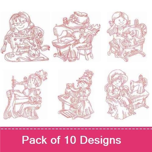 Redwork Vintage Sewing Girls Embroidery Bundle – Sewing Girl with Scissors, Sewing Girl with Fabric, & More (10 Designs)