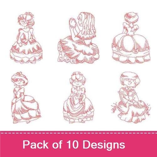 Redwork Vintage Victorian Girls Embroidery Designs Bundle – Charming Poses, Elegant Dresses & More (10 Designs)