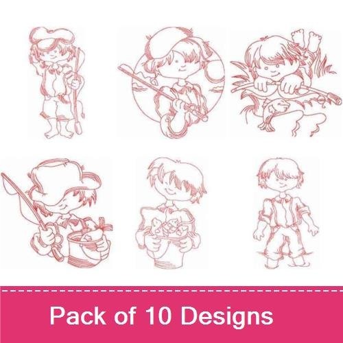 Redwork Fishing Boys Embroidery Designs Bundle – Fishing Boy with Rod, Fishing Boy with Basket, & More (10 Designs)