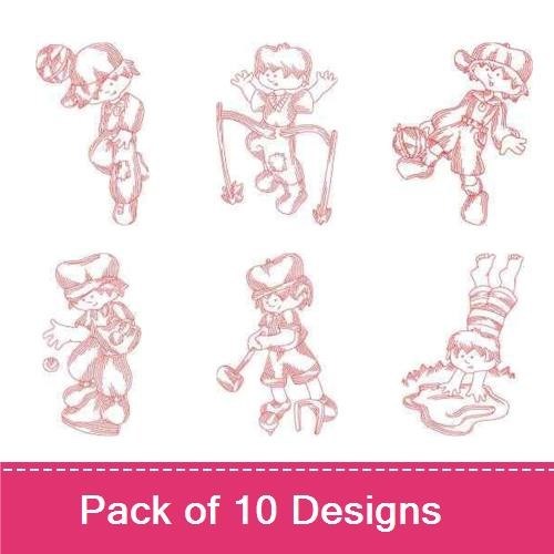Redwork Vintage Kids Sports Embroidery Designs Bundle – Girl with Basketball, Boy with Soccer Ball, Child Playing Tennis & More (10 Designs)