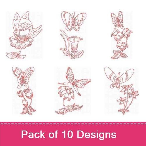 Redwork Delicate Butterfly & Floral Embroidery Designs Bundle – Butterfly with Floral, Floral Bouquet, Rose with Butterfly & More (10 Designs)