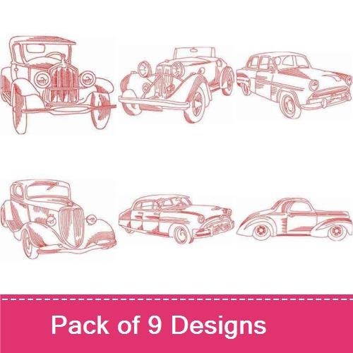 Redwork Classic Cars Embroidery Bundle – Classic Car 1950s, Convertible, Pickup Truck & More (9 Designs)