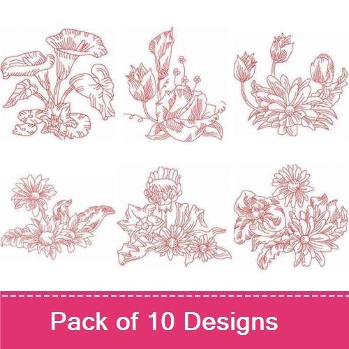 Redwork Floral Embroidery Designs Bundle – Tulips, Daisies, Poppies & More (10 Designs)