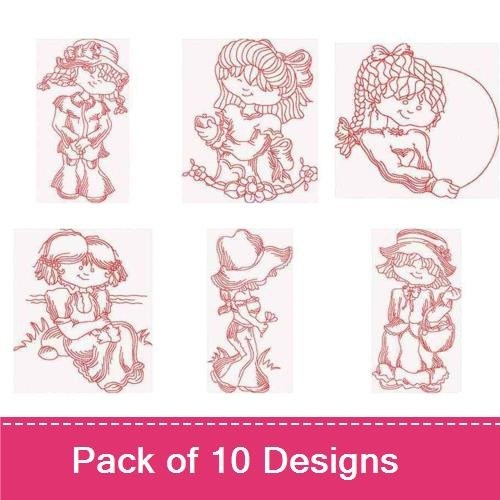 Redwork Whimsical Vintage Girls Embroidery Designs Bundle – Girl with Pigtails, Girl in Dress, Girl with Hat & More (10 Designs)