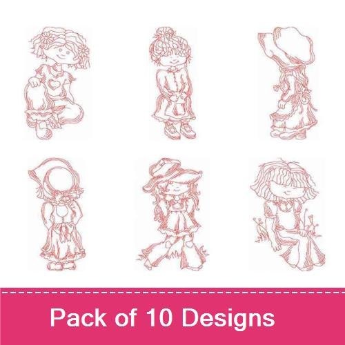 Redwork Vintage Girls Embroidery Bundle – Sitting Girl with Heart, Girl in Hat, Walking Girl with Umbrella & More (10 Designs)