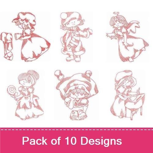 Redwork Vintage Girls Embroidery Designs Bundle – Girl with Hat, Girl Playing with Ball, Girl Reading & More (10 Designs)