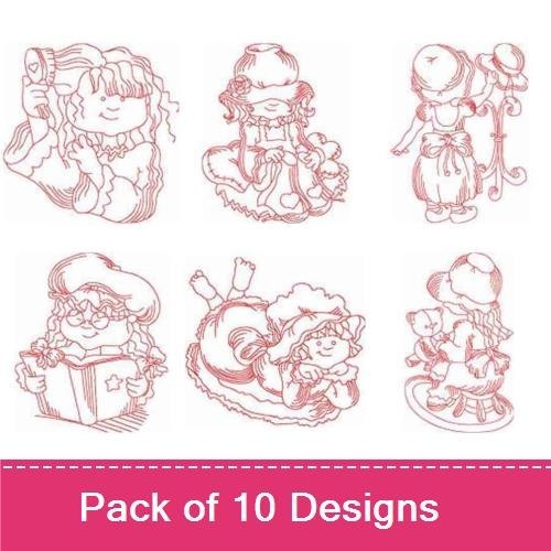 Redwork Vintage Girls Embroidery Designs Bundle – Girl with Books, Girl Holding Doll, Girl with Basket & More (10 Designs)